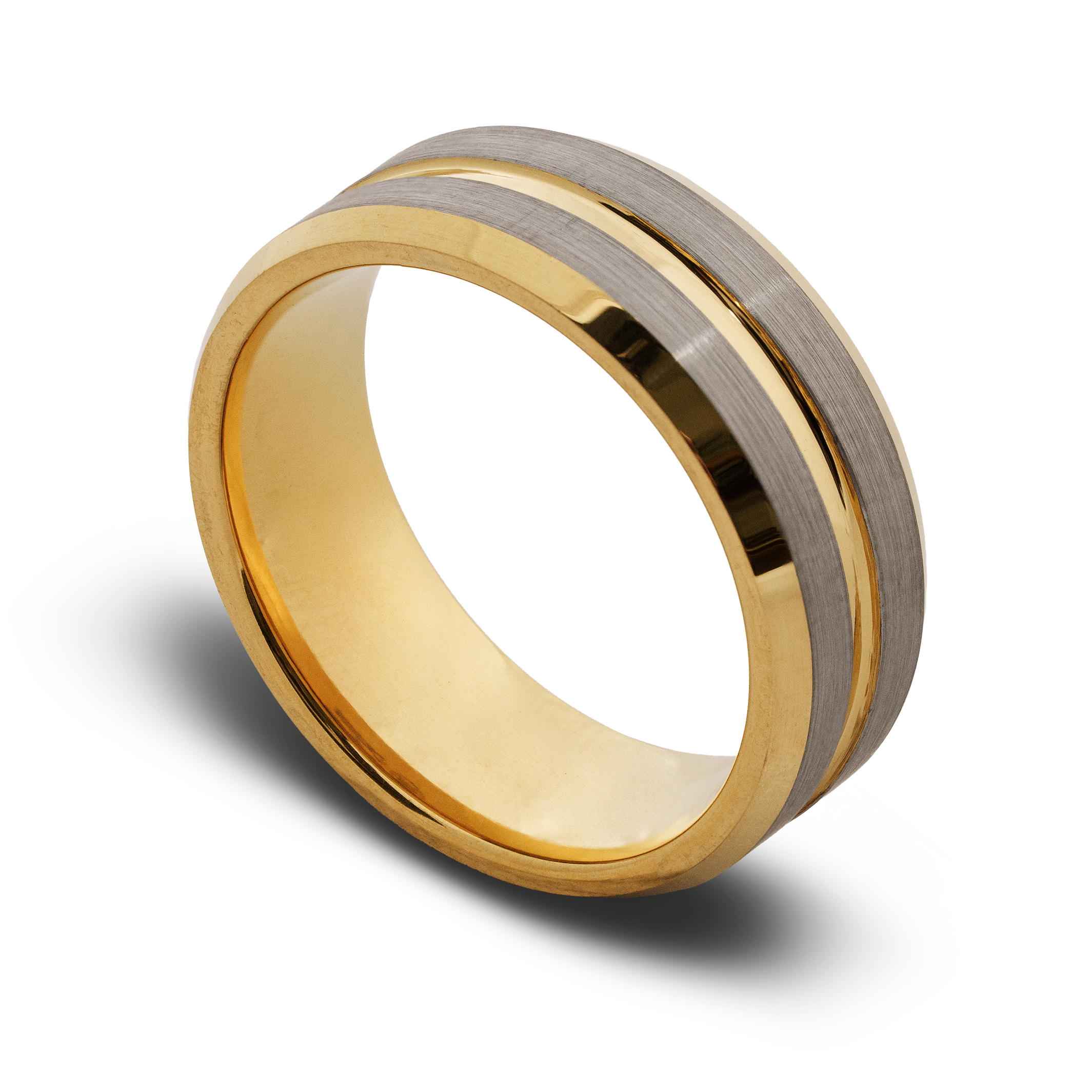 Two-tone gold and silver ring on a white background