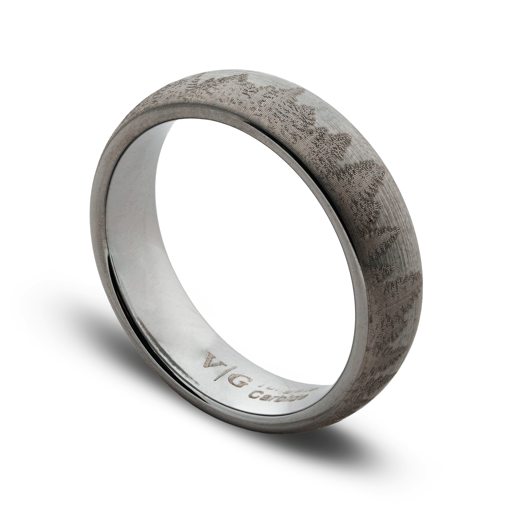 Silver ring with a textured band on a white background
