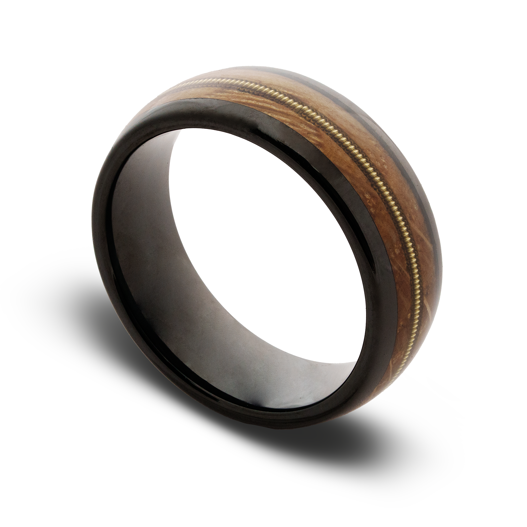 Wooden ring with black band on a white background