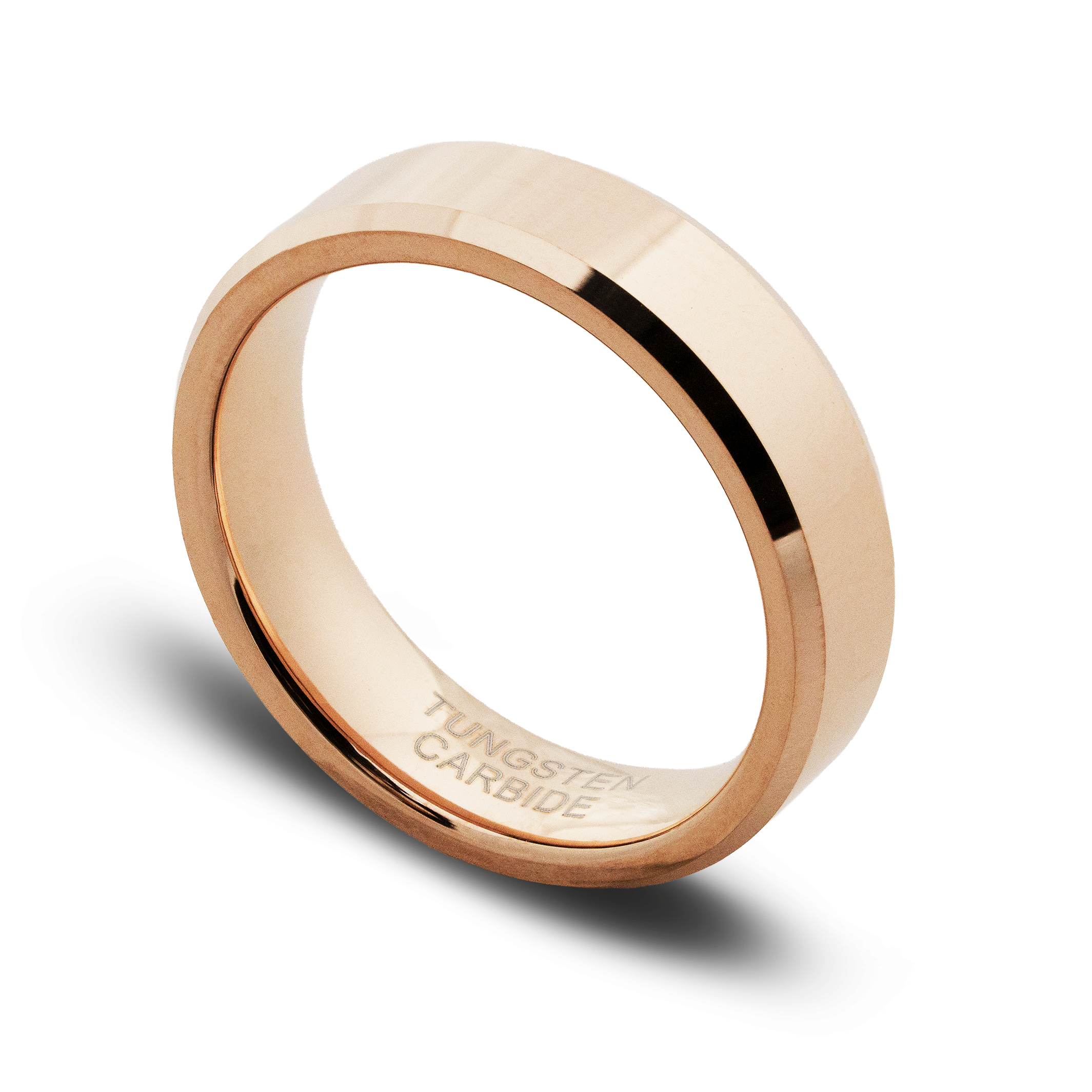 Rose gold tungsten carbide ring on a white background