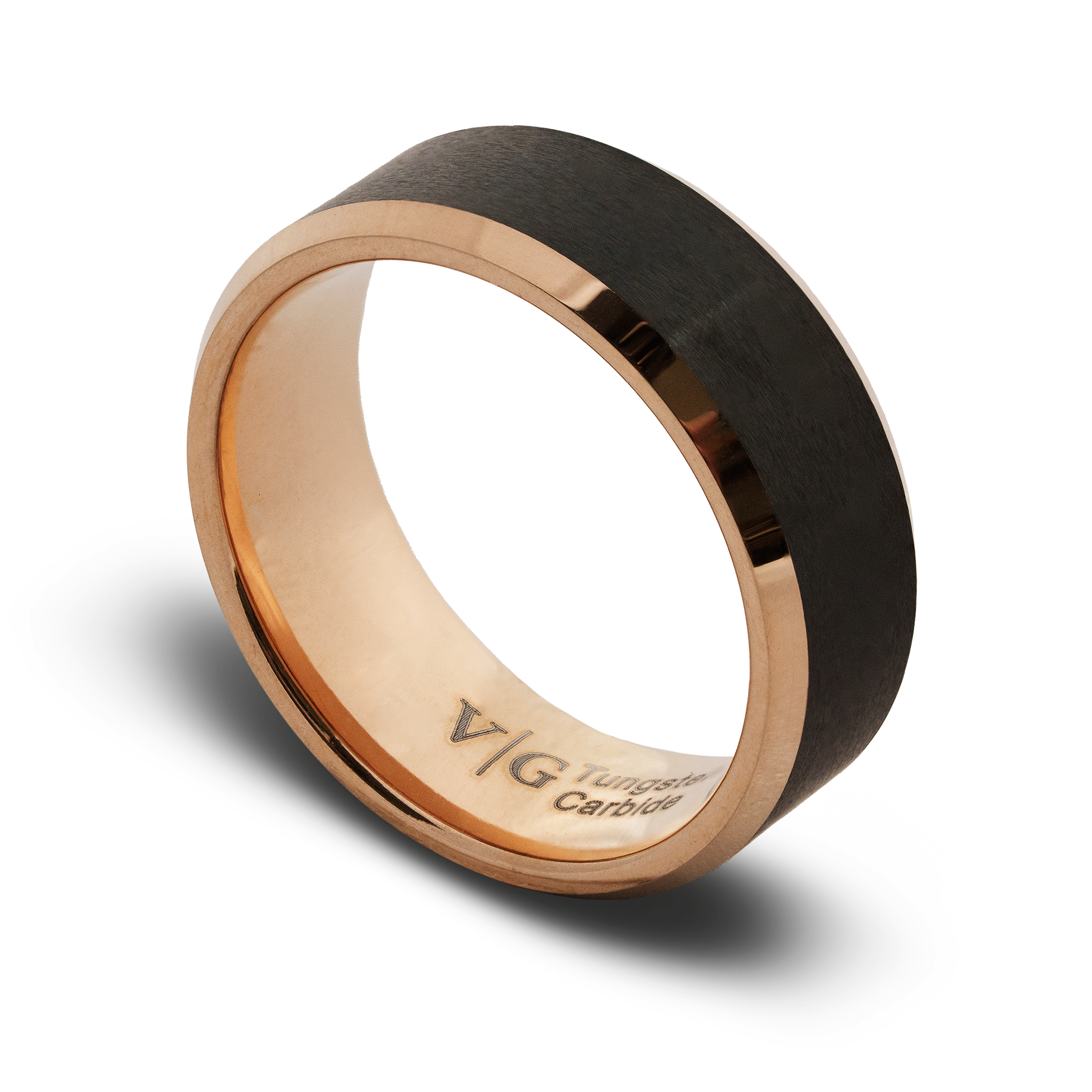 Two-tone ring with rose gold and black finish on a white background