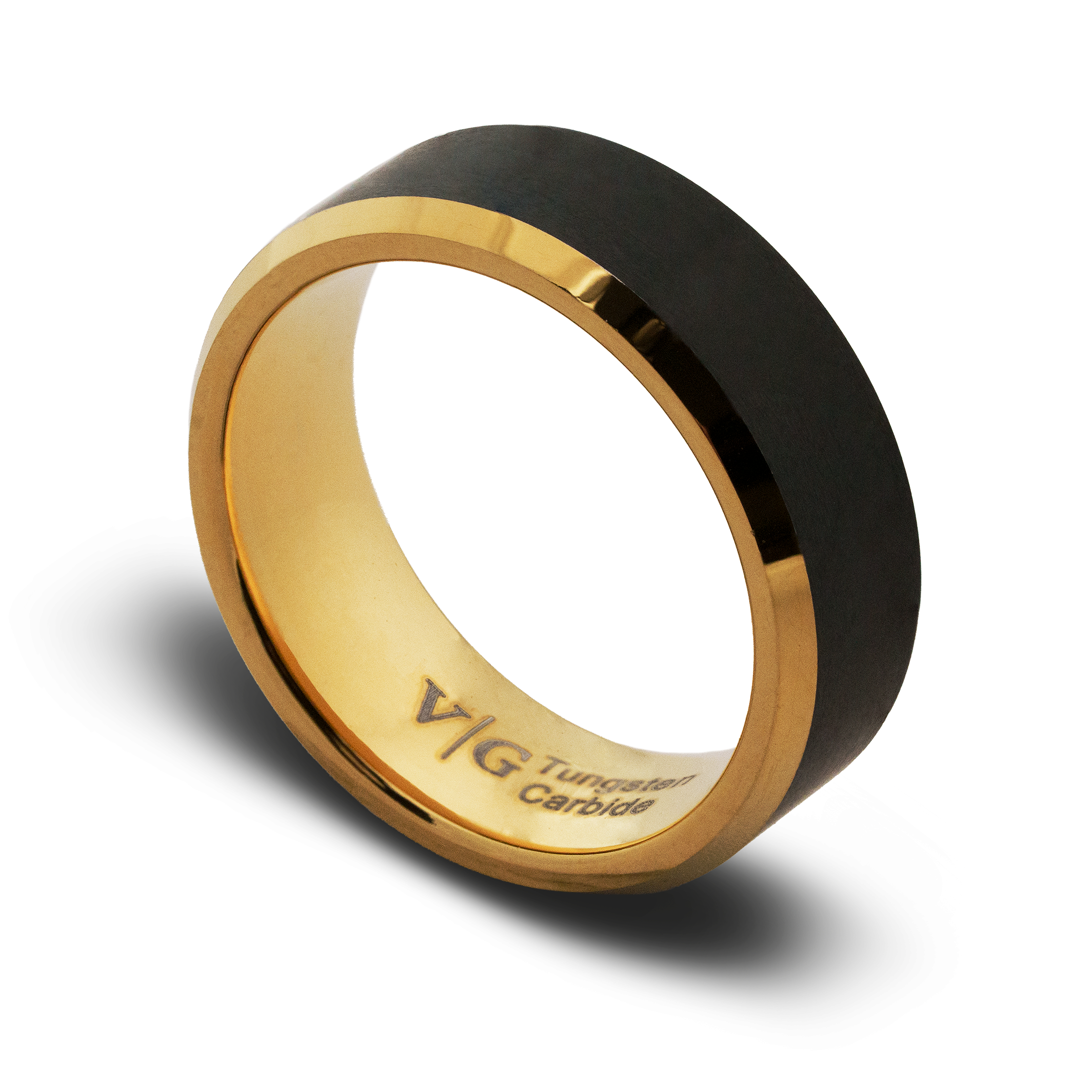 Gold and black ring with 'VG' branding on a white background