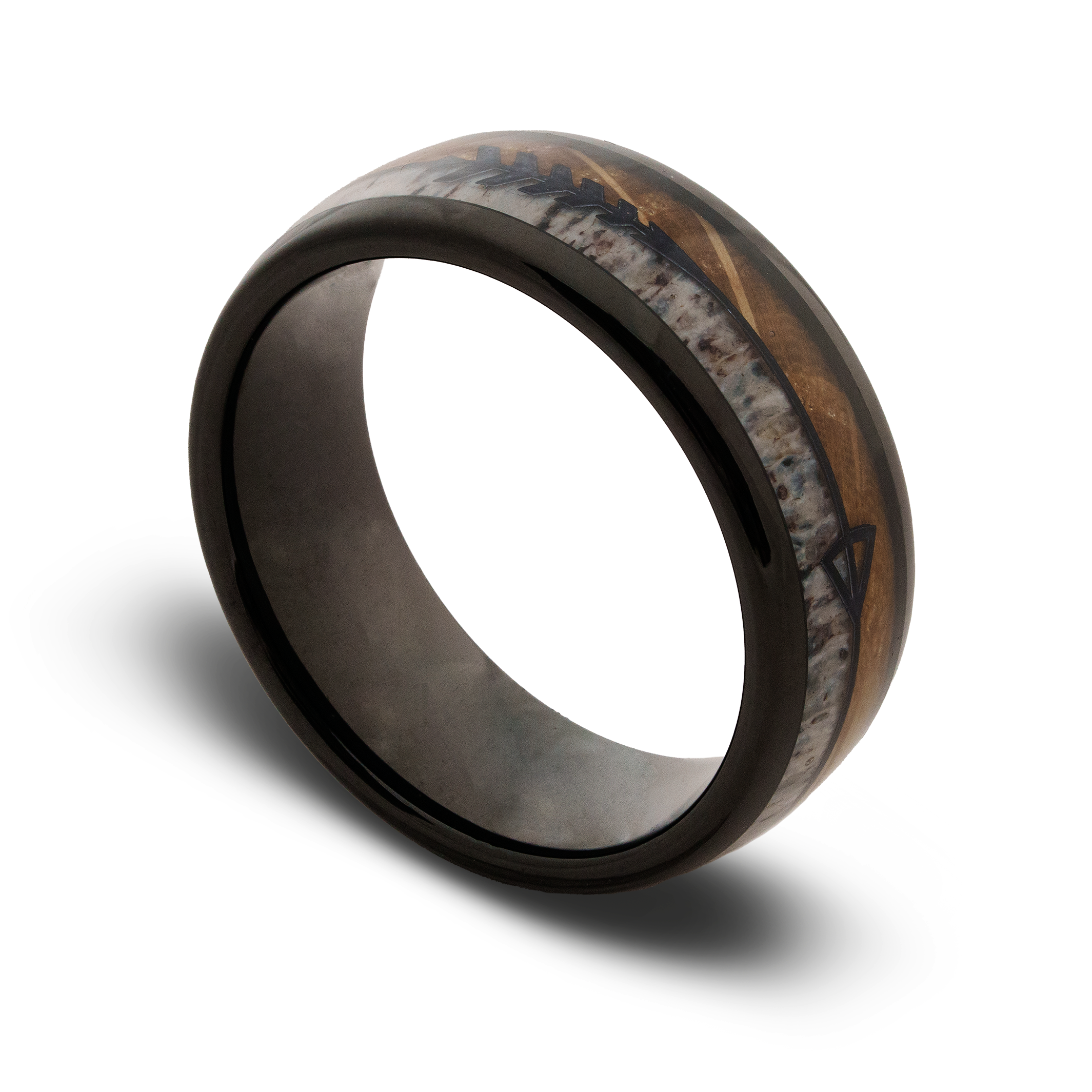 Wooden ring with black metal band on a white background