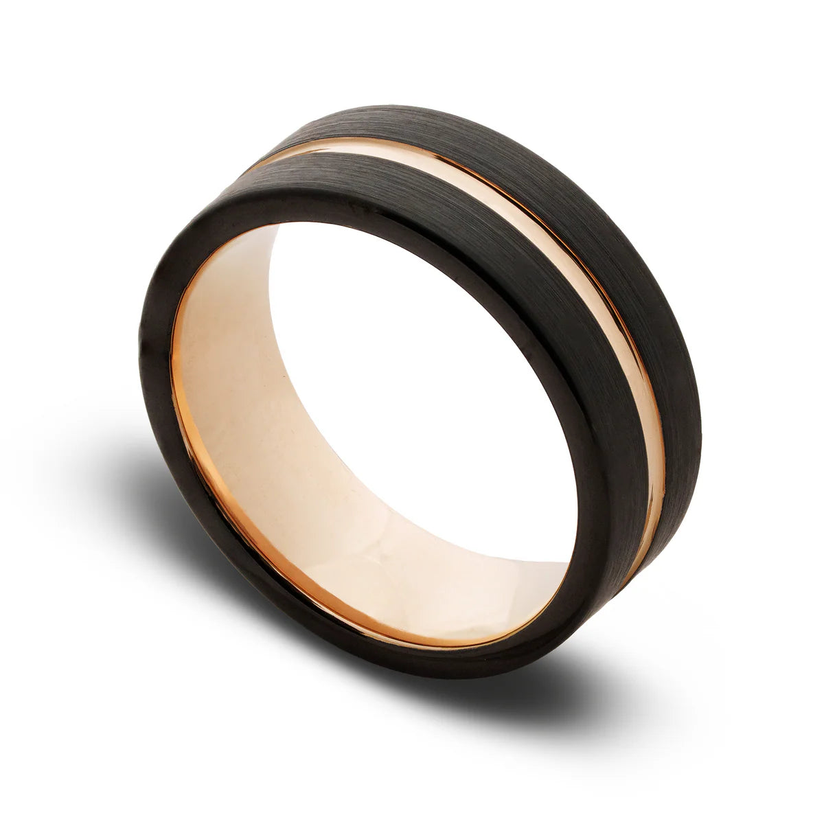 Two-tone ring with black and rose gold colors on a white background