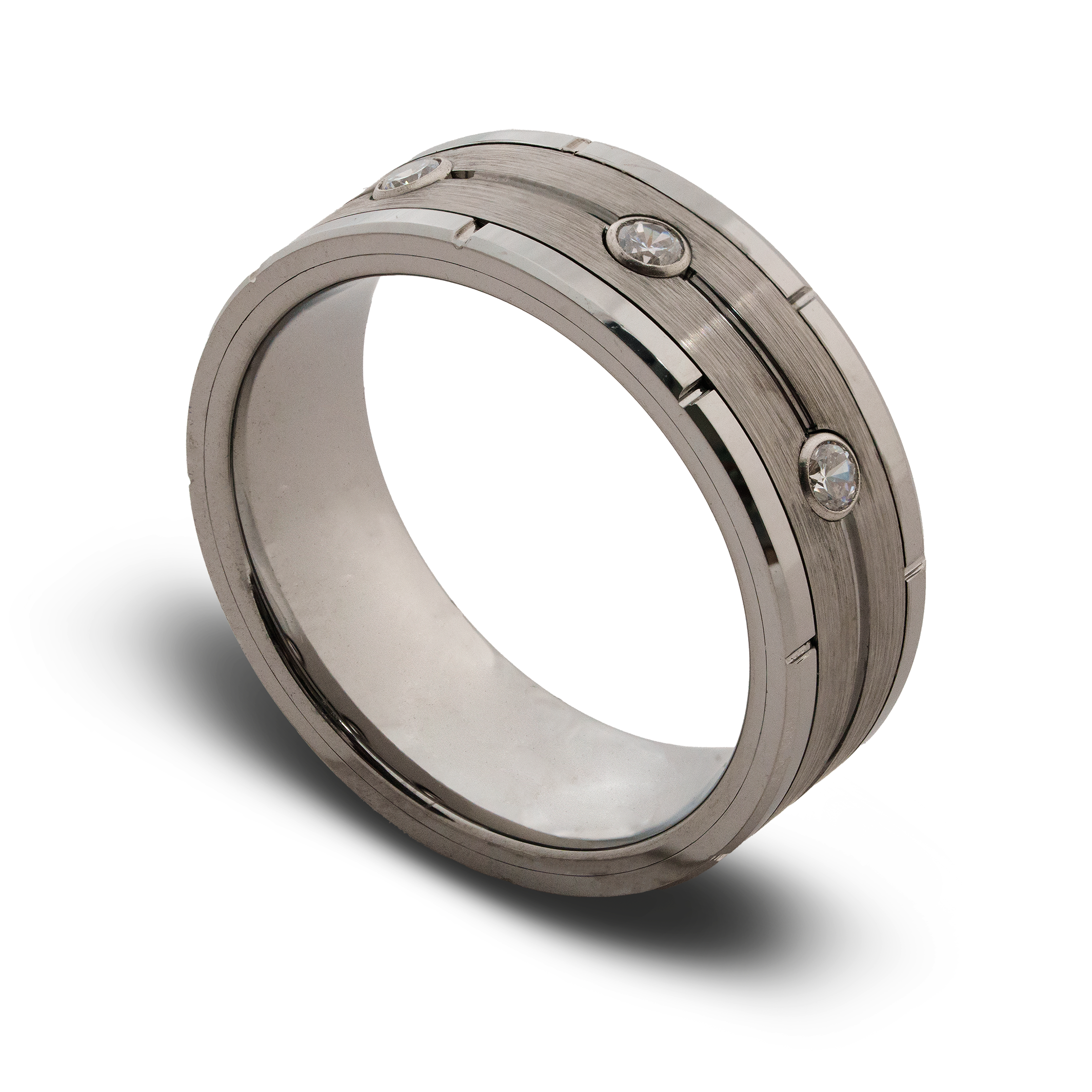 Silver ring with diamond accents on a white background