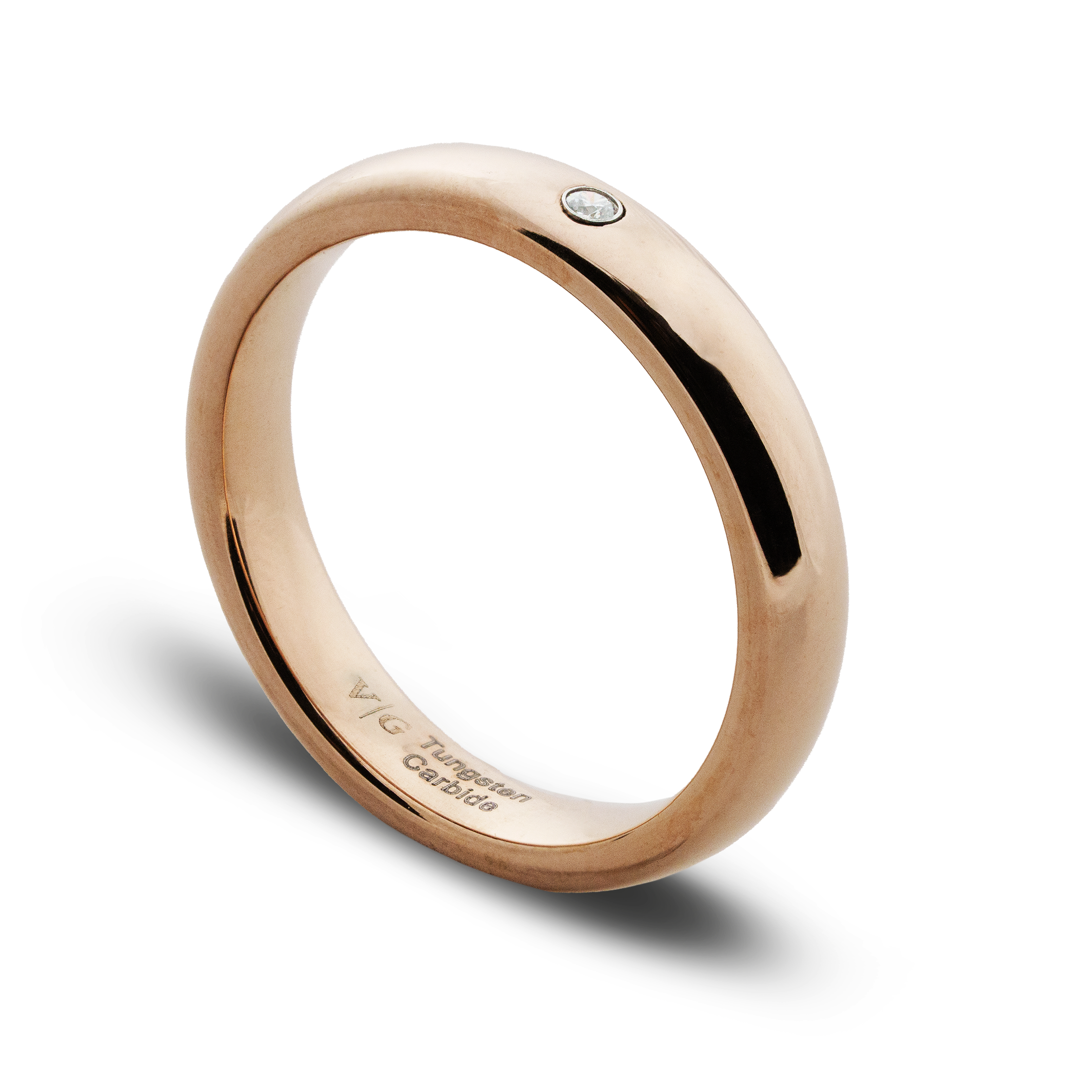Rose gold ring with a small diamond on a white background