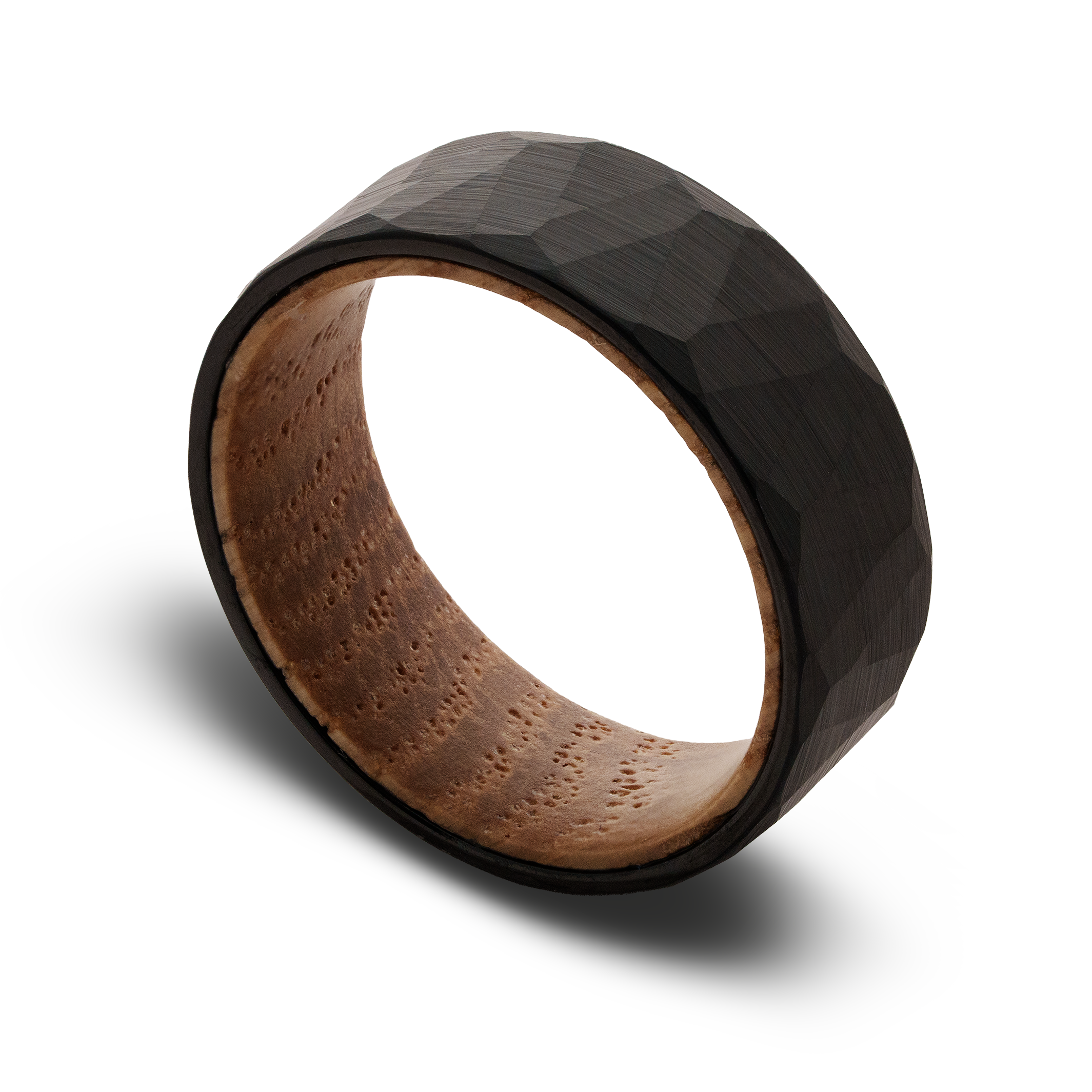 Two-tone ring with black and wooden finish on a white background