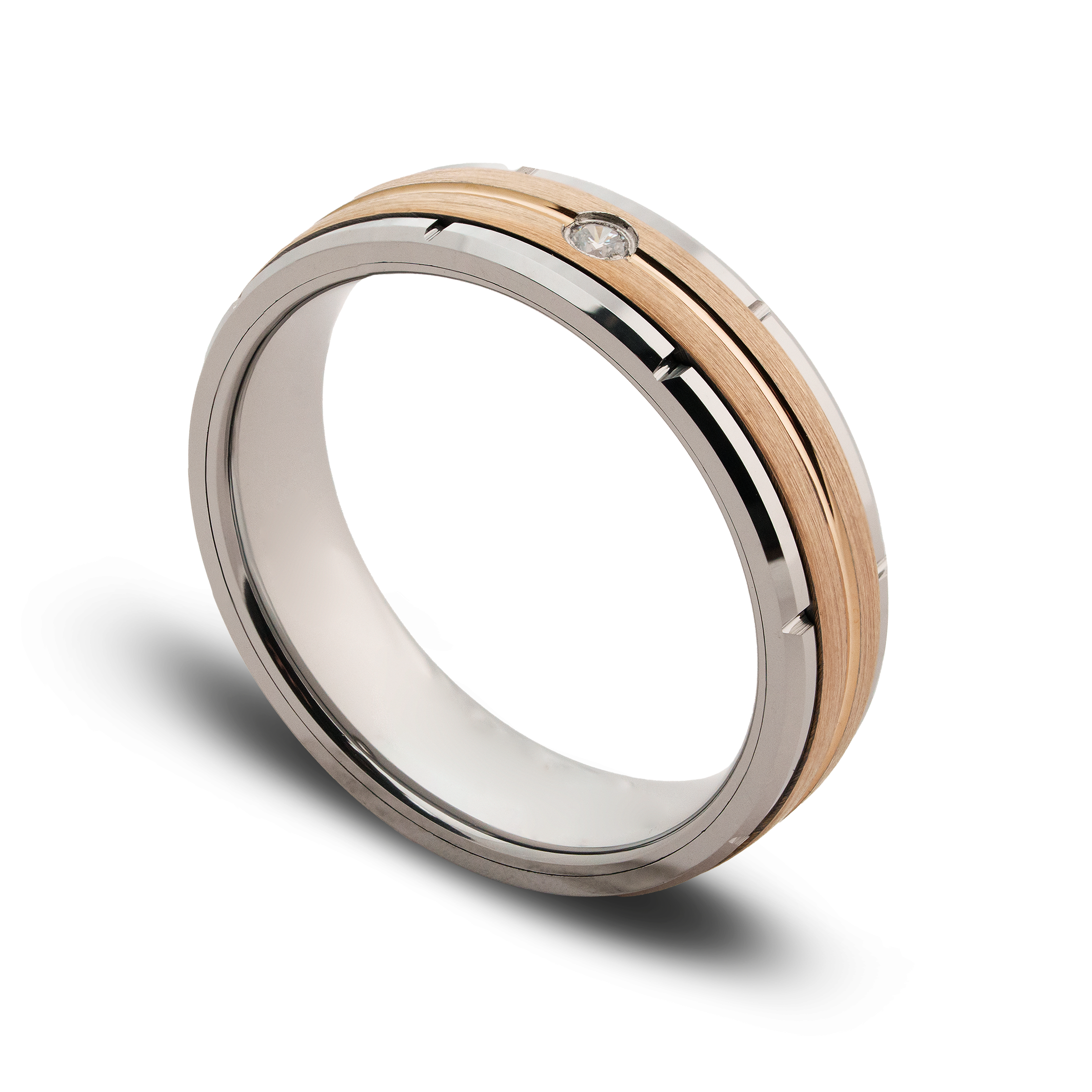 Two-tone ring with rose gold and silver finish on a white background