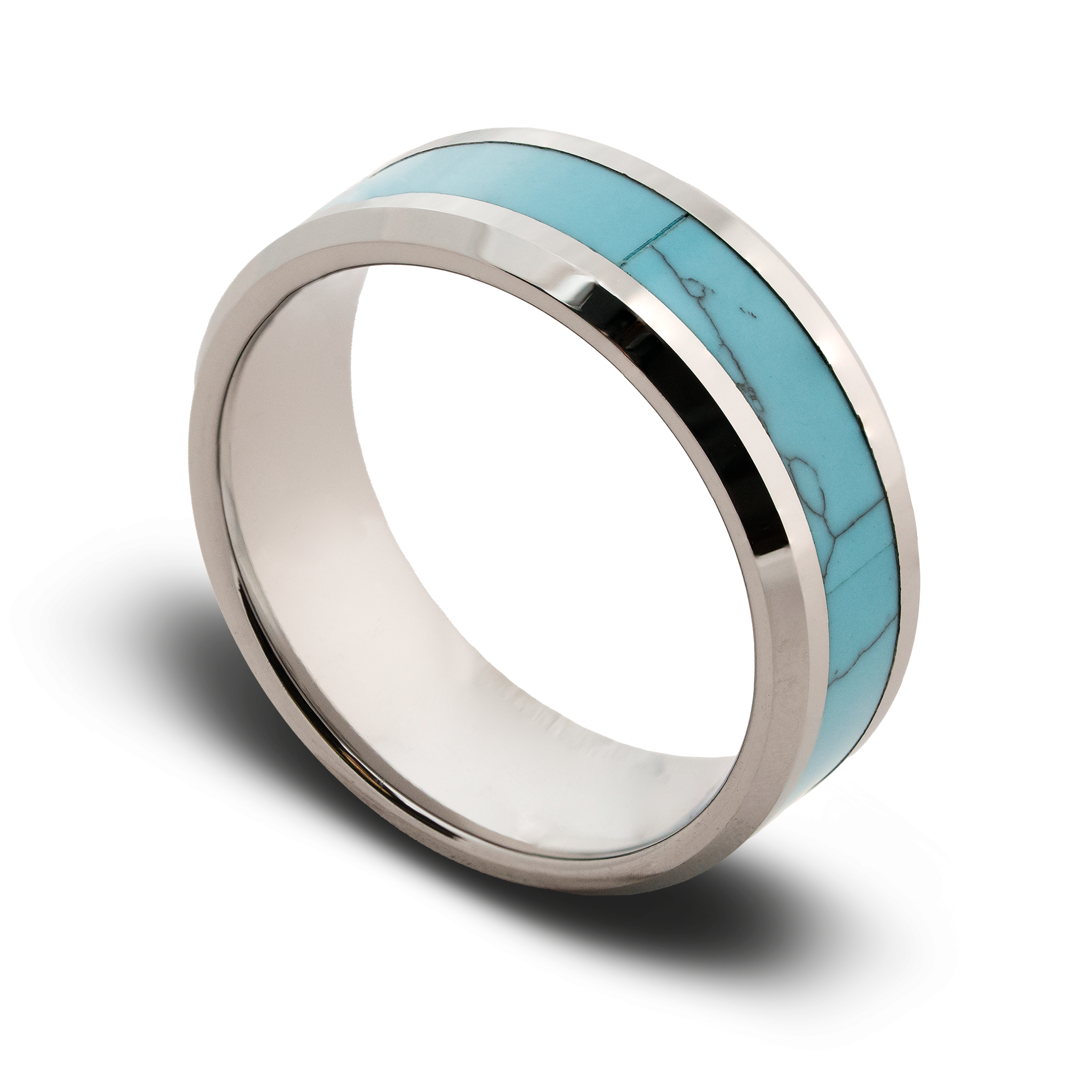 Silver ring with a turquoise inlay on a white background