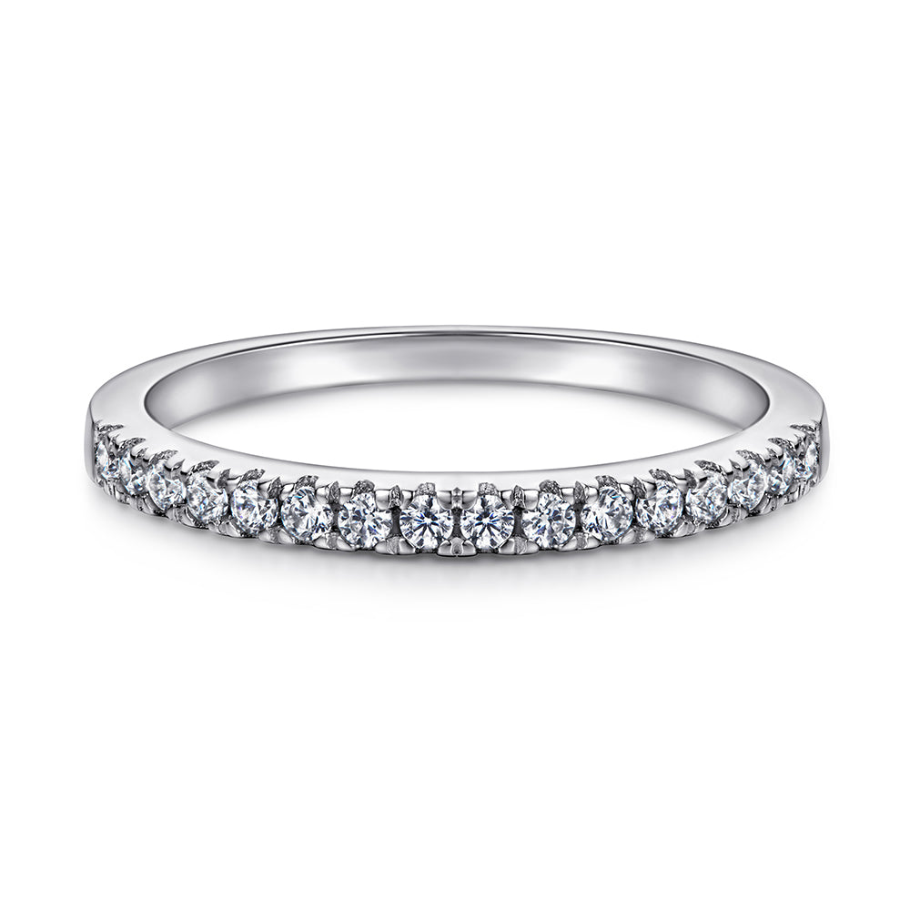 Silver ring with small diamonds on a white background