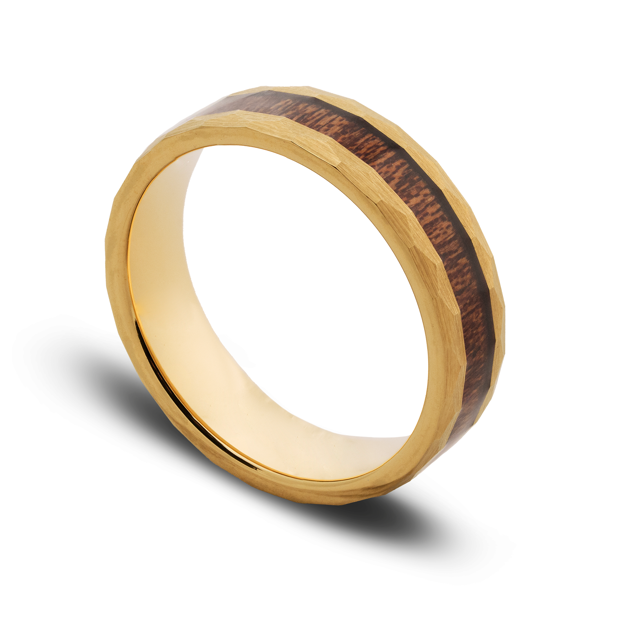 Gold ring with a wooden inlay on a white background