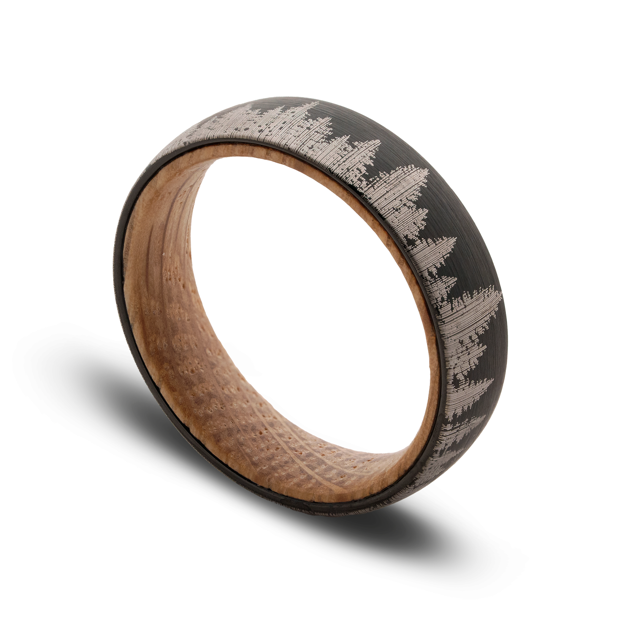 Two-tone ring with wooden finish and engraved design on a white background