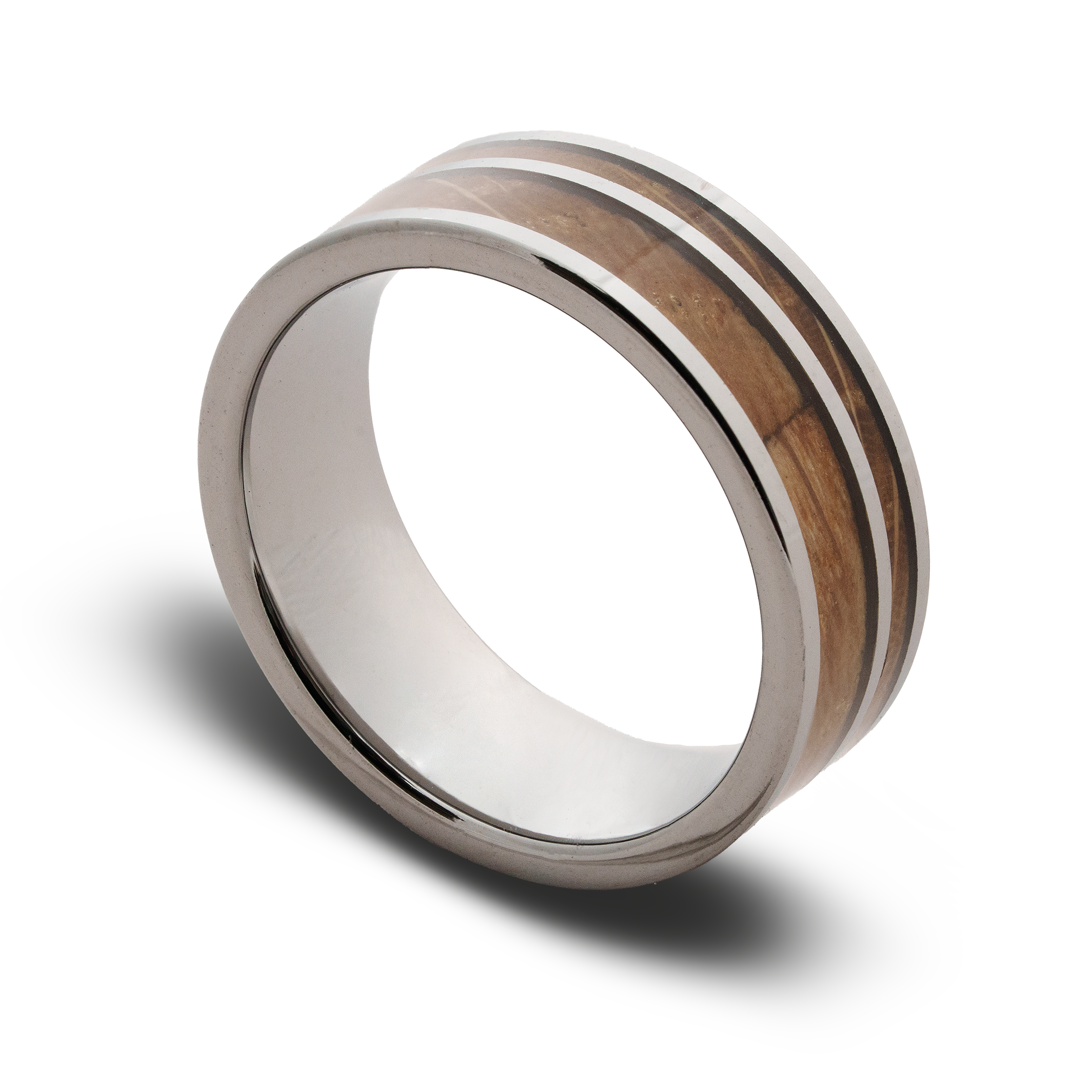 Silver ring with wooden inlay on a white background