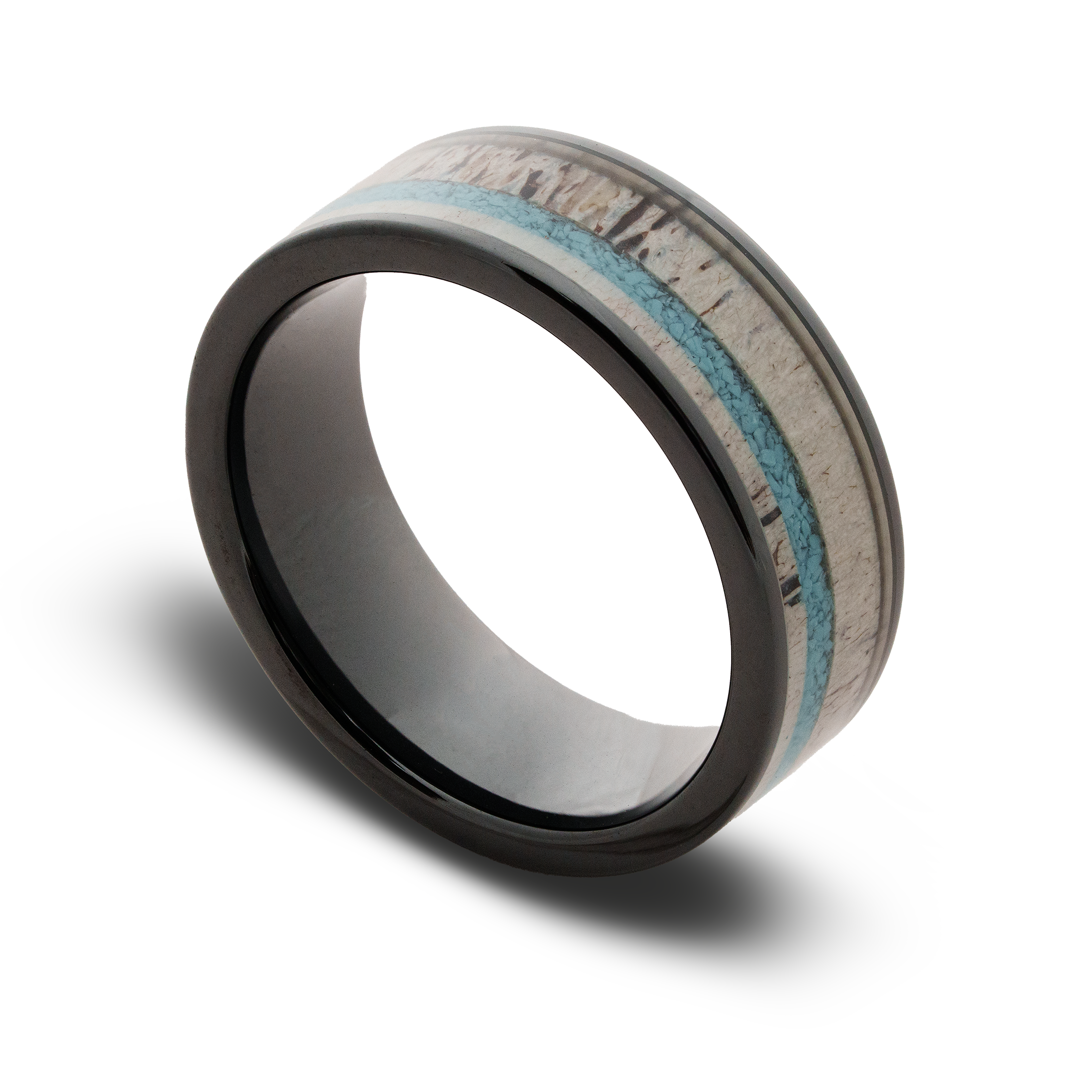Metallic rings with a light blue inlay on a white background