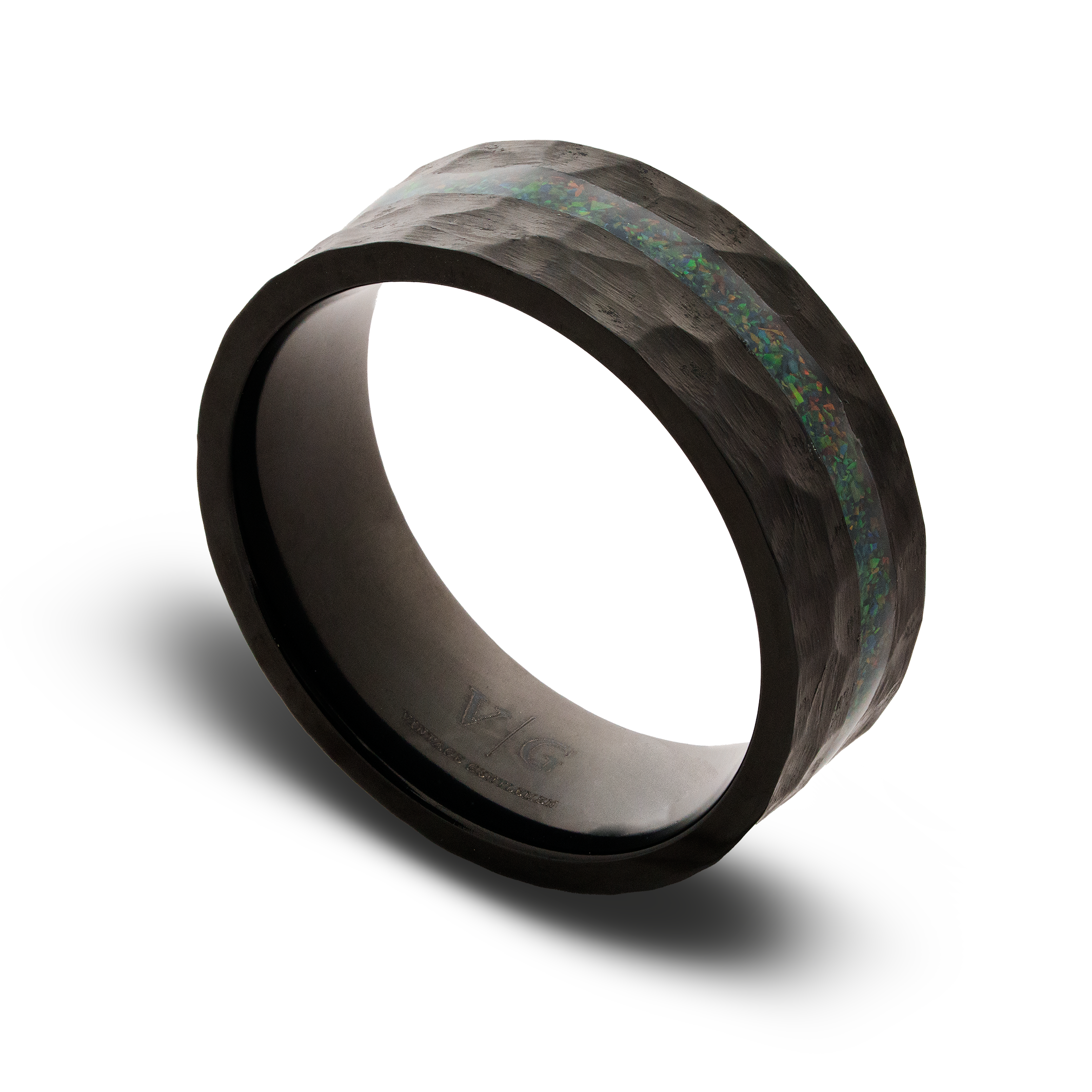 Black ring with a textured band on a white background