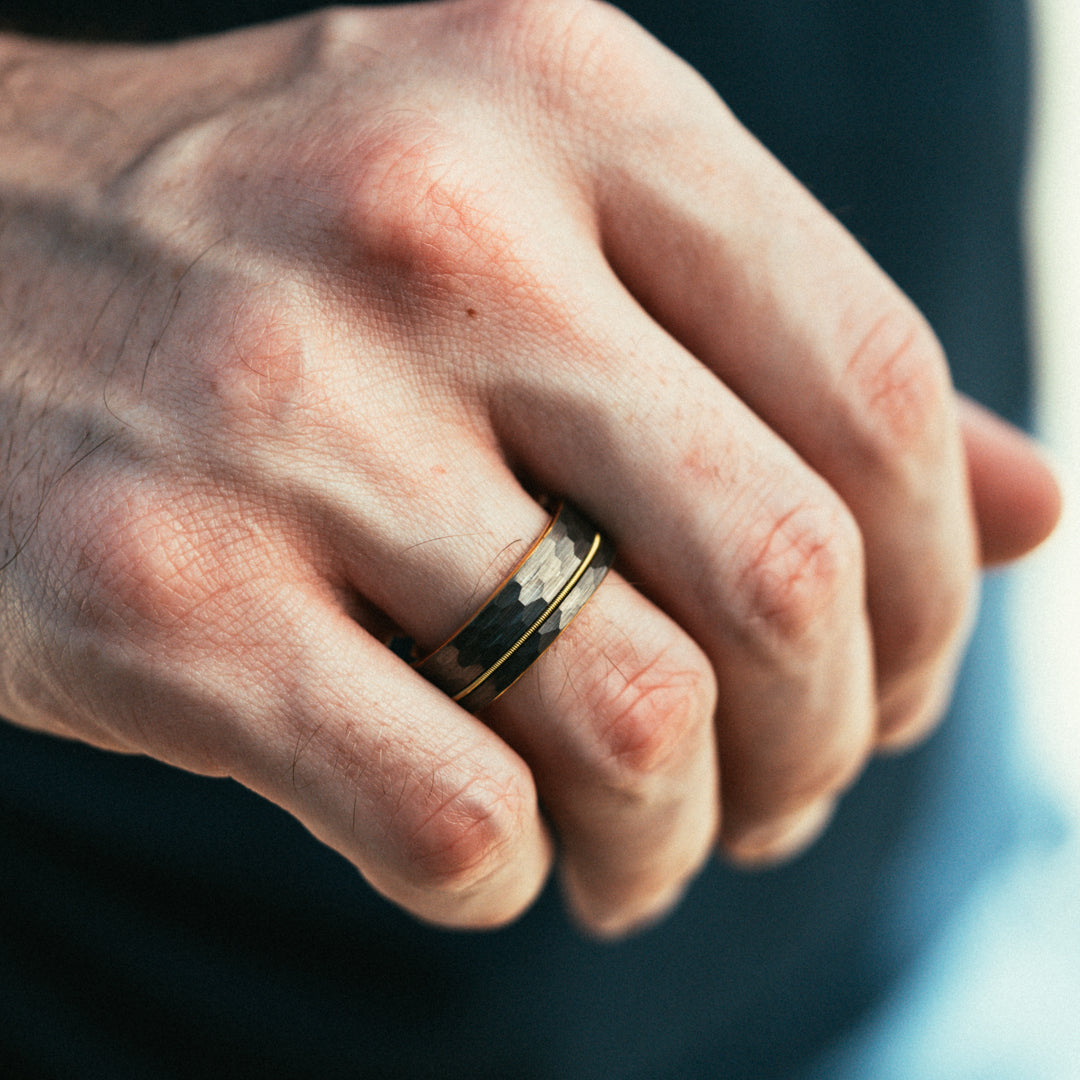 Close-up of a hand wearing a gold ring with a dark band.