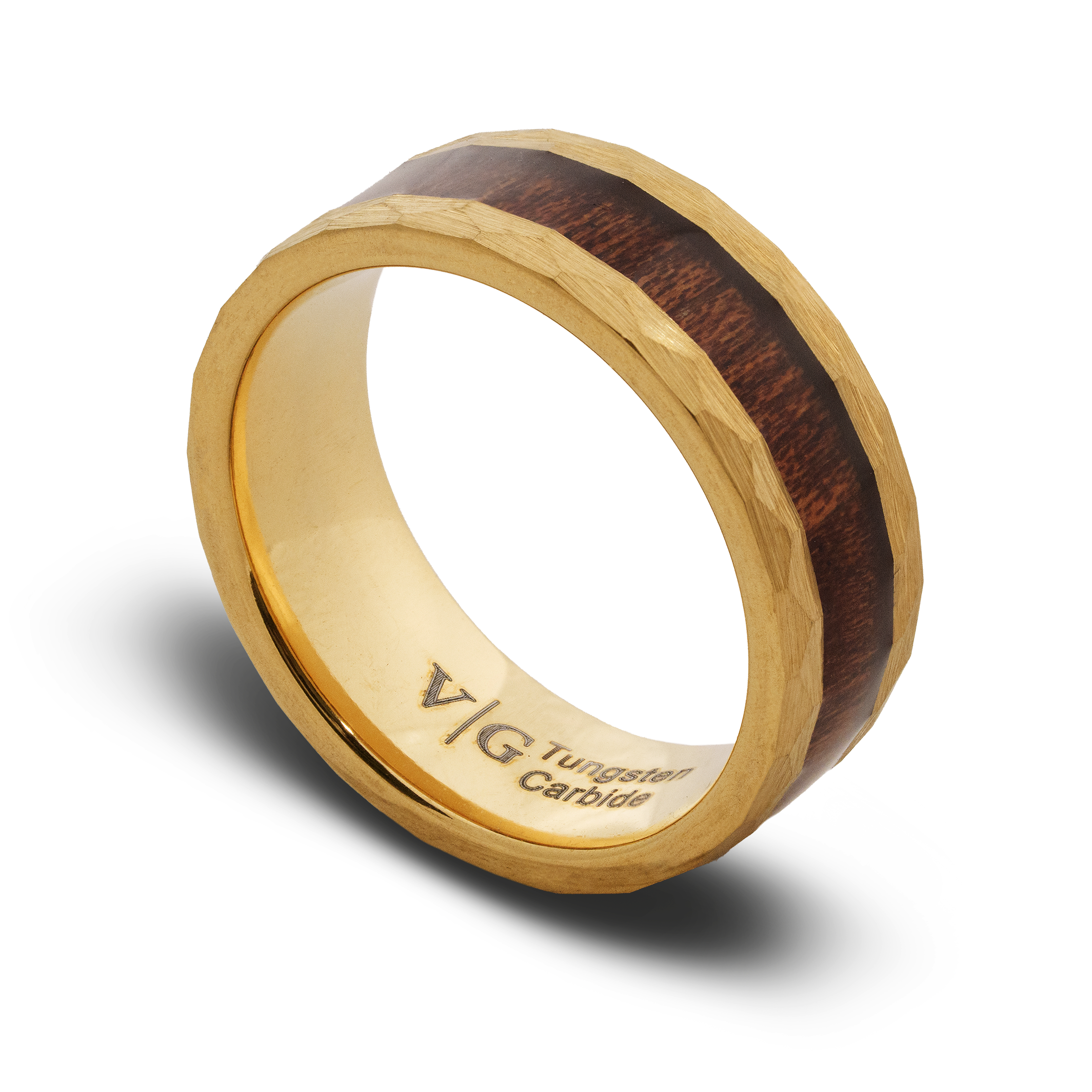 Gold ring with a wooden inlay on a white background