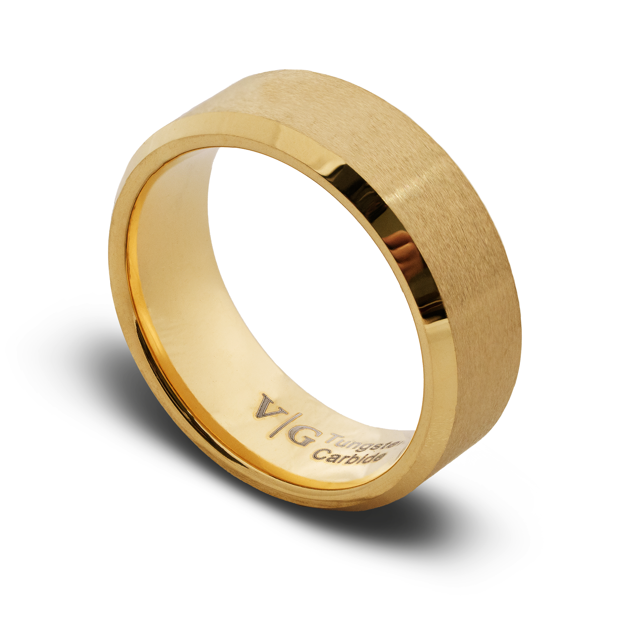 Gold ring with 'VG' engraving on a white background