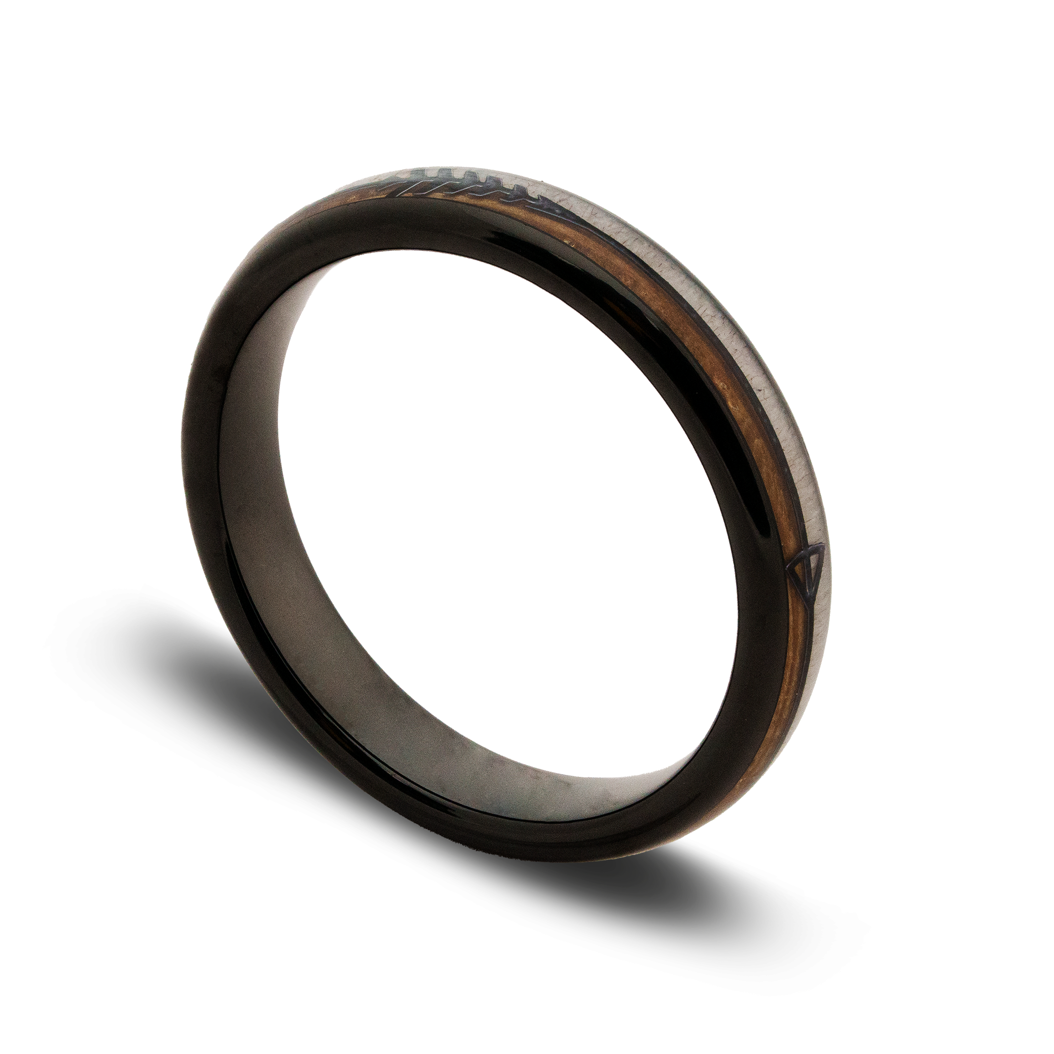 Wooden ring with a metallic band on a white background