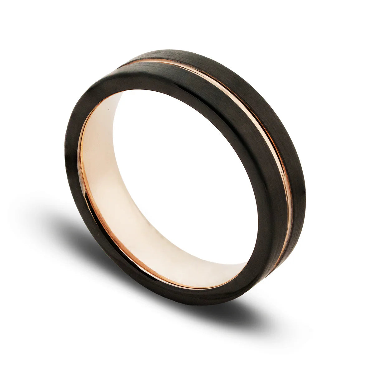 Two wedding rings with black and rose gold bands on a white background