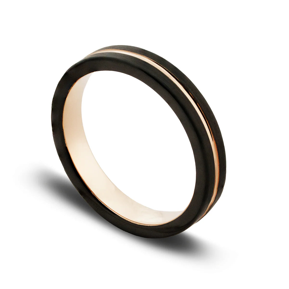 Two black rings with rose gold inlay on a white background