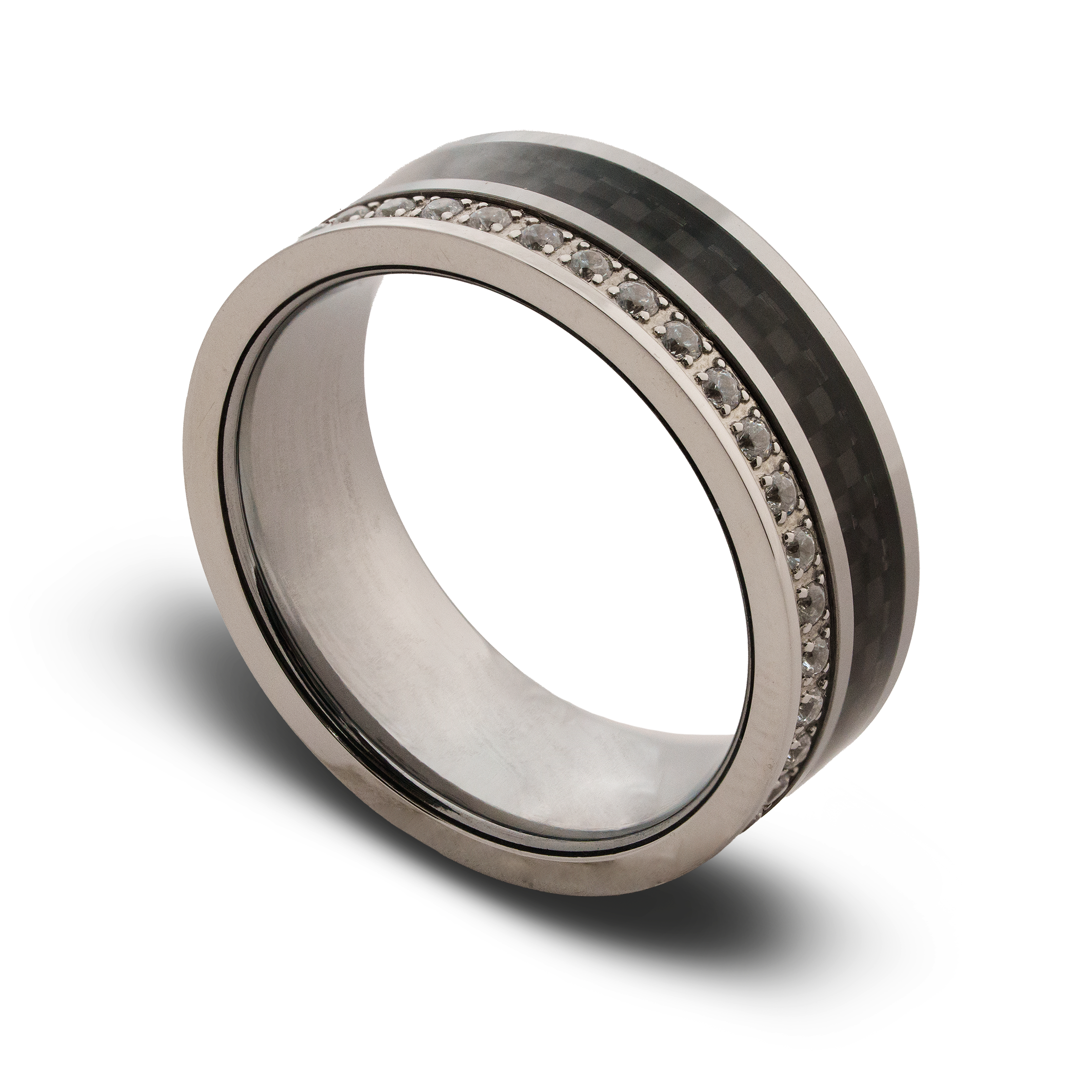 Silver ring with carbon fiber inlay and diamond accents on a white background