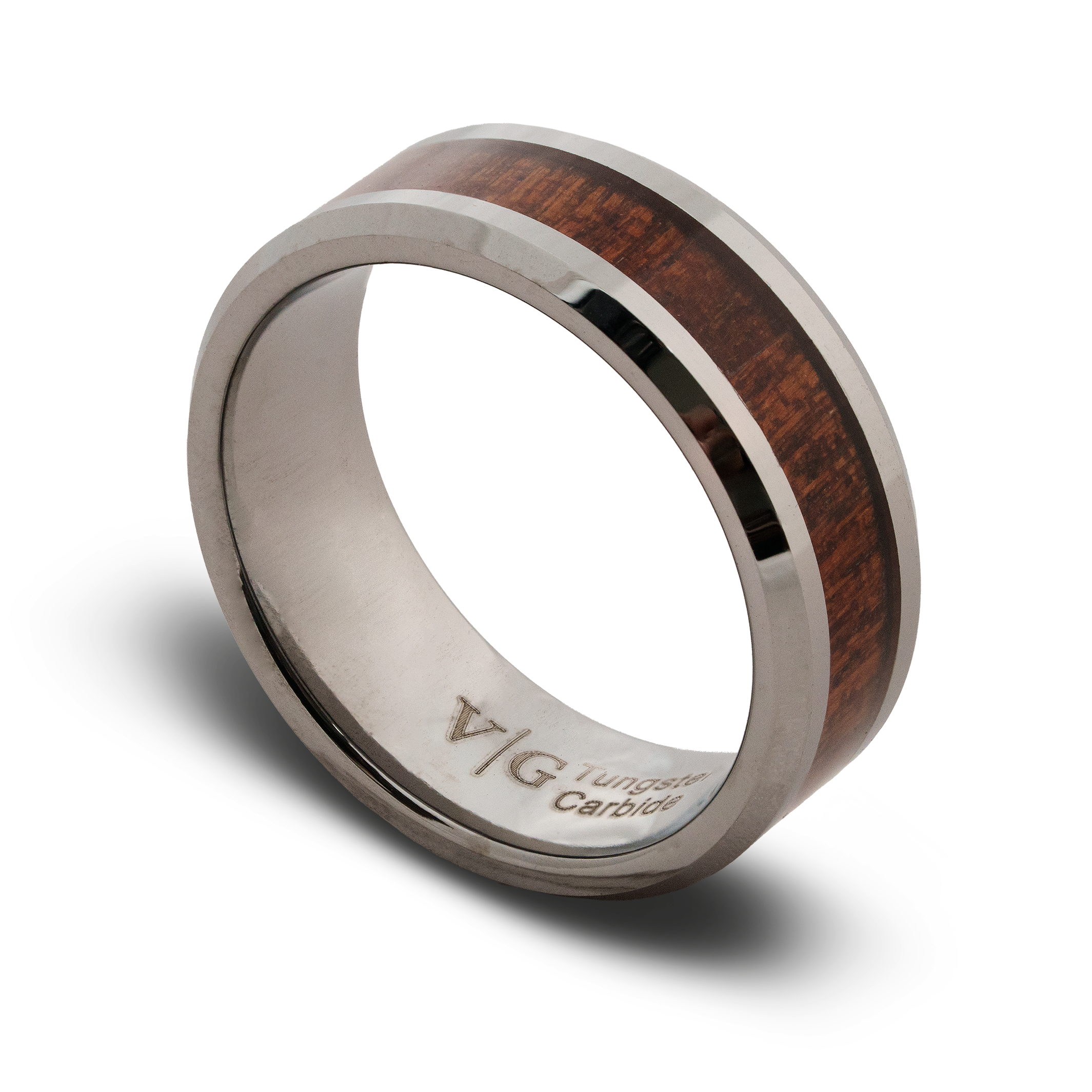 Silver ring with wooden inlay on a white background