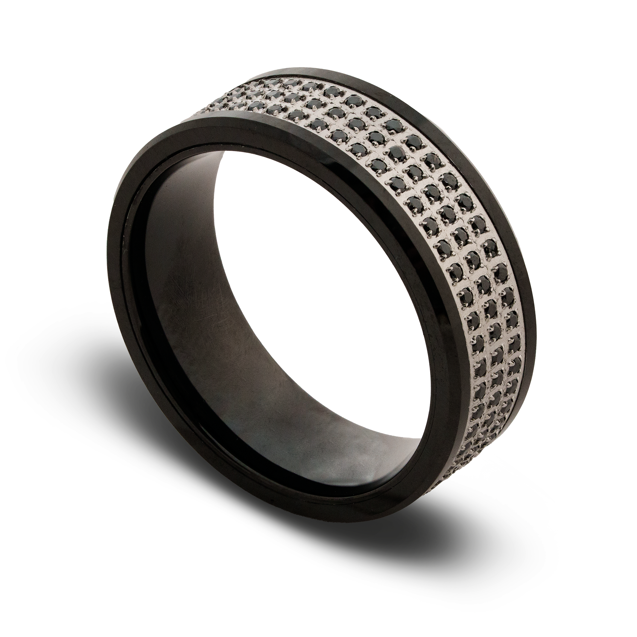 Black ring with diamond-studded band on a white background