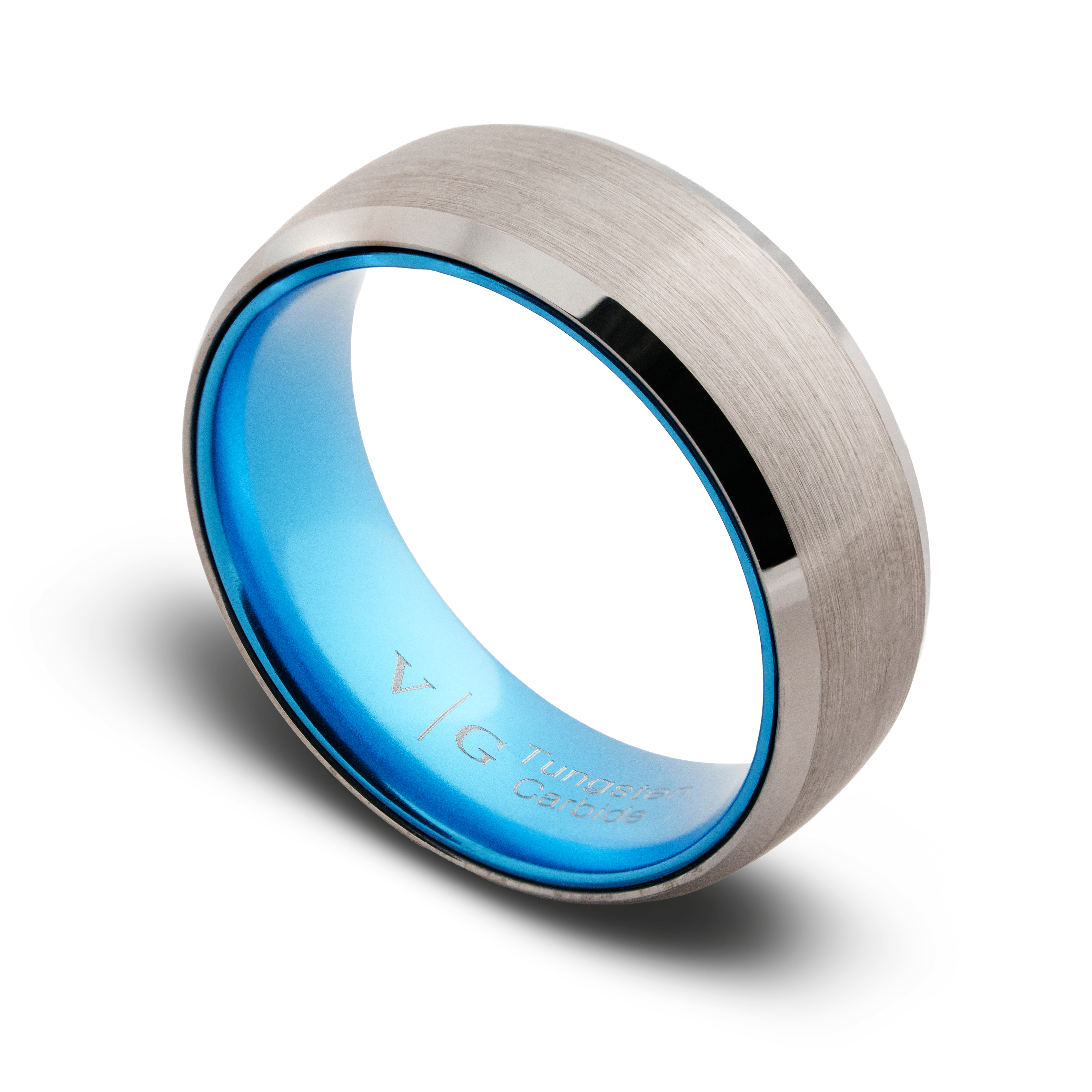 Silver ring with blue interior on a white background
