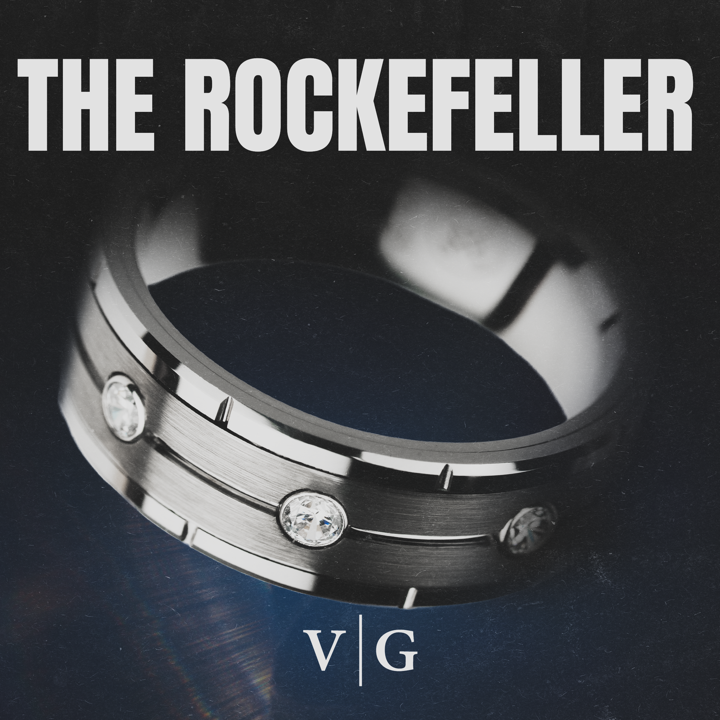Silver ring with diamonds on a dark background, featuring 'The Rockefeller' branding.