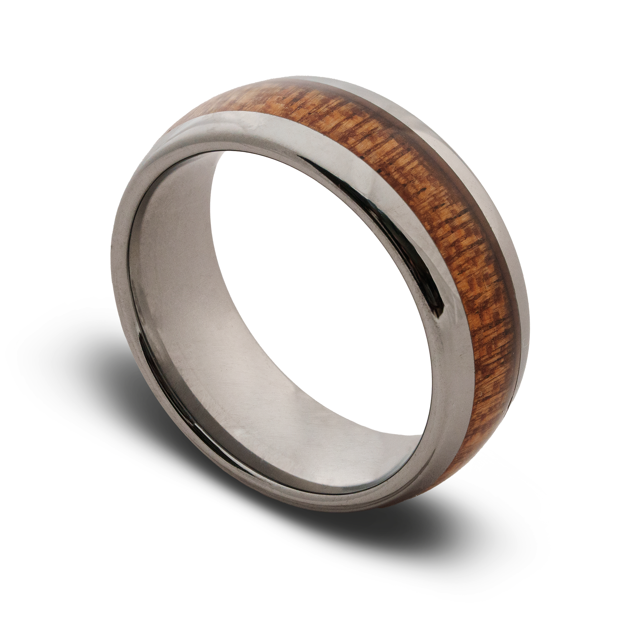Ring with wooden inlay on a white background