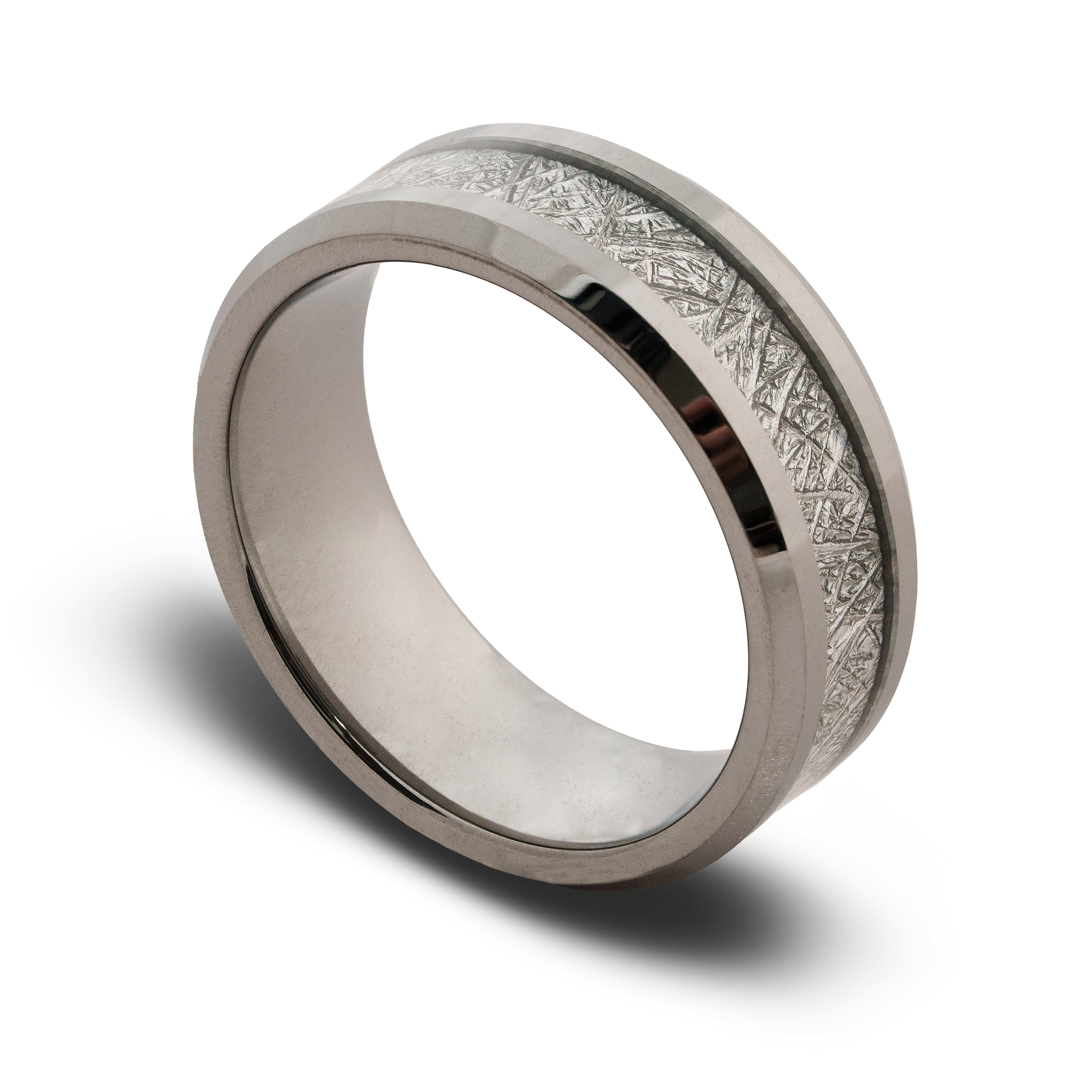 Silver ring with textured design on a white background