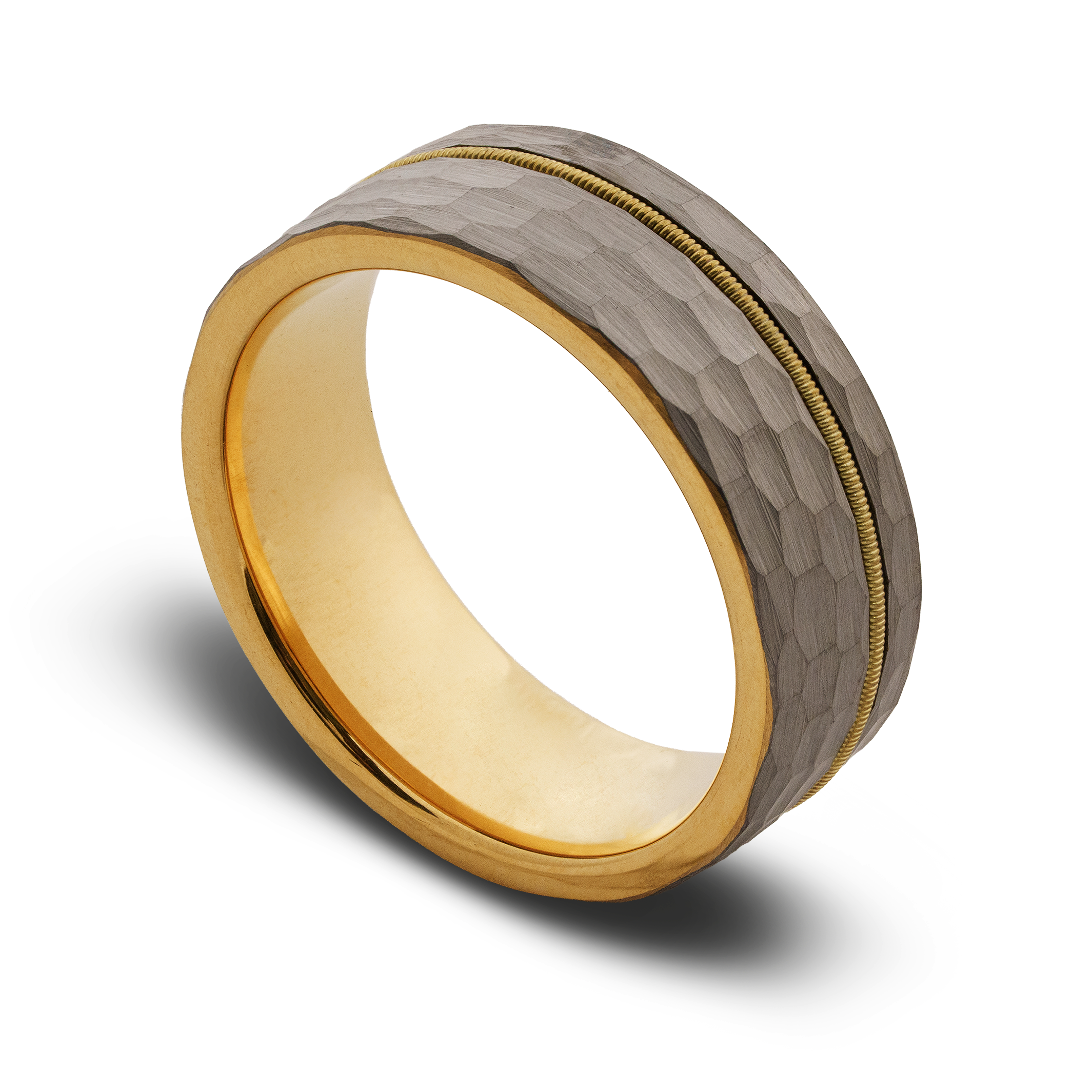 Two-tone ring with gold and textured metal band on a white background