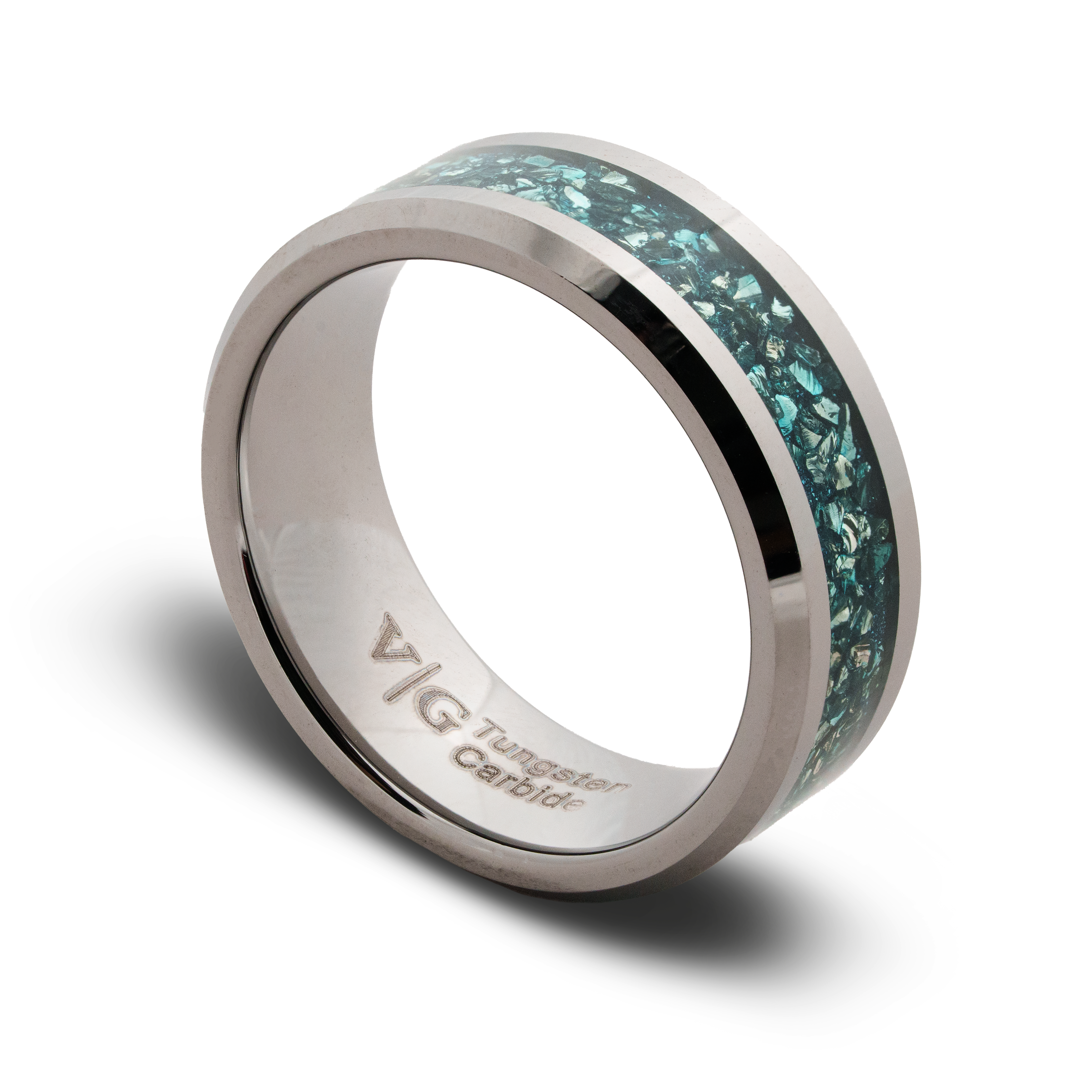 Silver ring with greenstone inlay on a white background