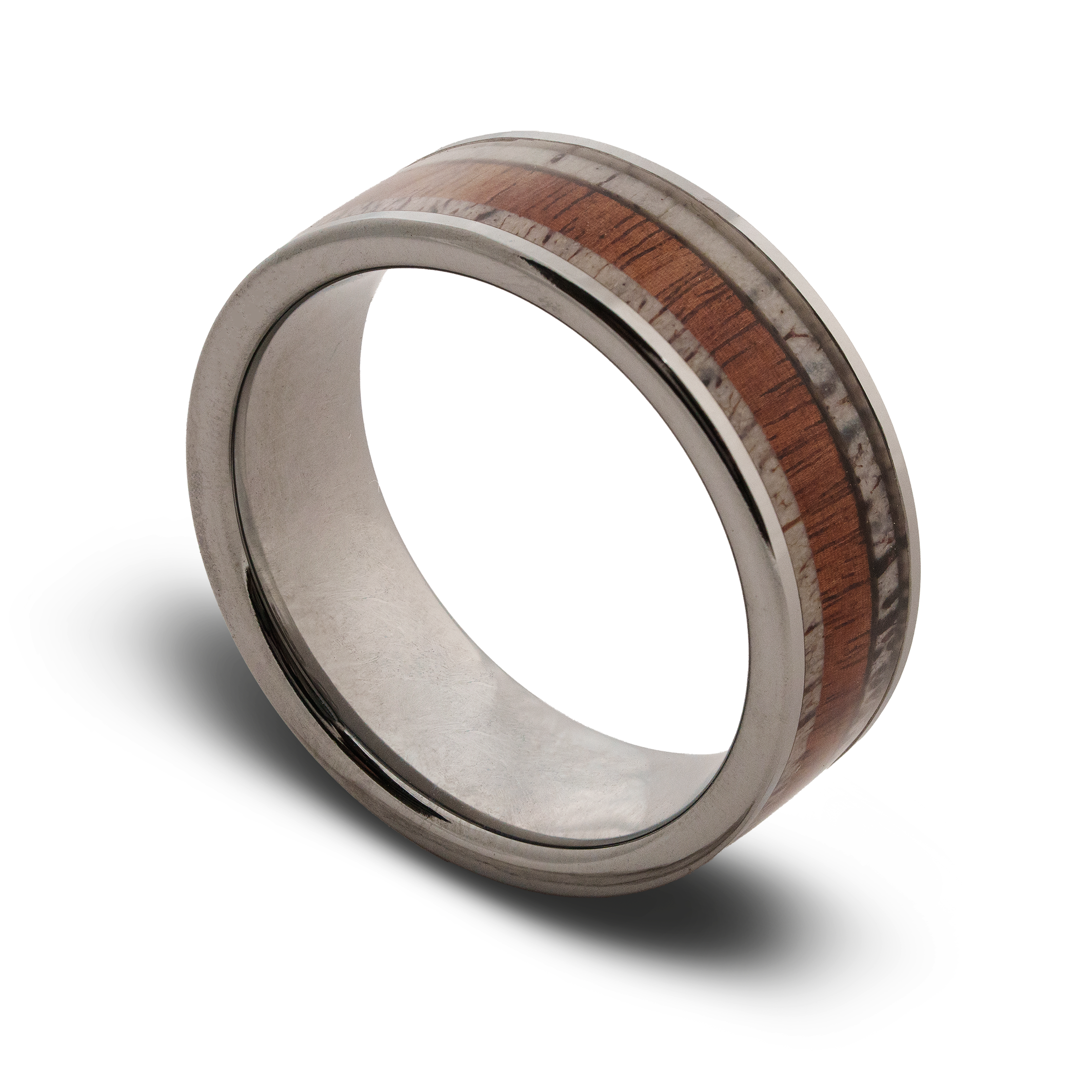 Silver ring with wooden inlay on a white background