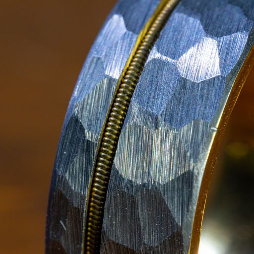 Close-up of a blue and gold feather with a blurred background